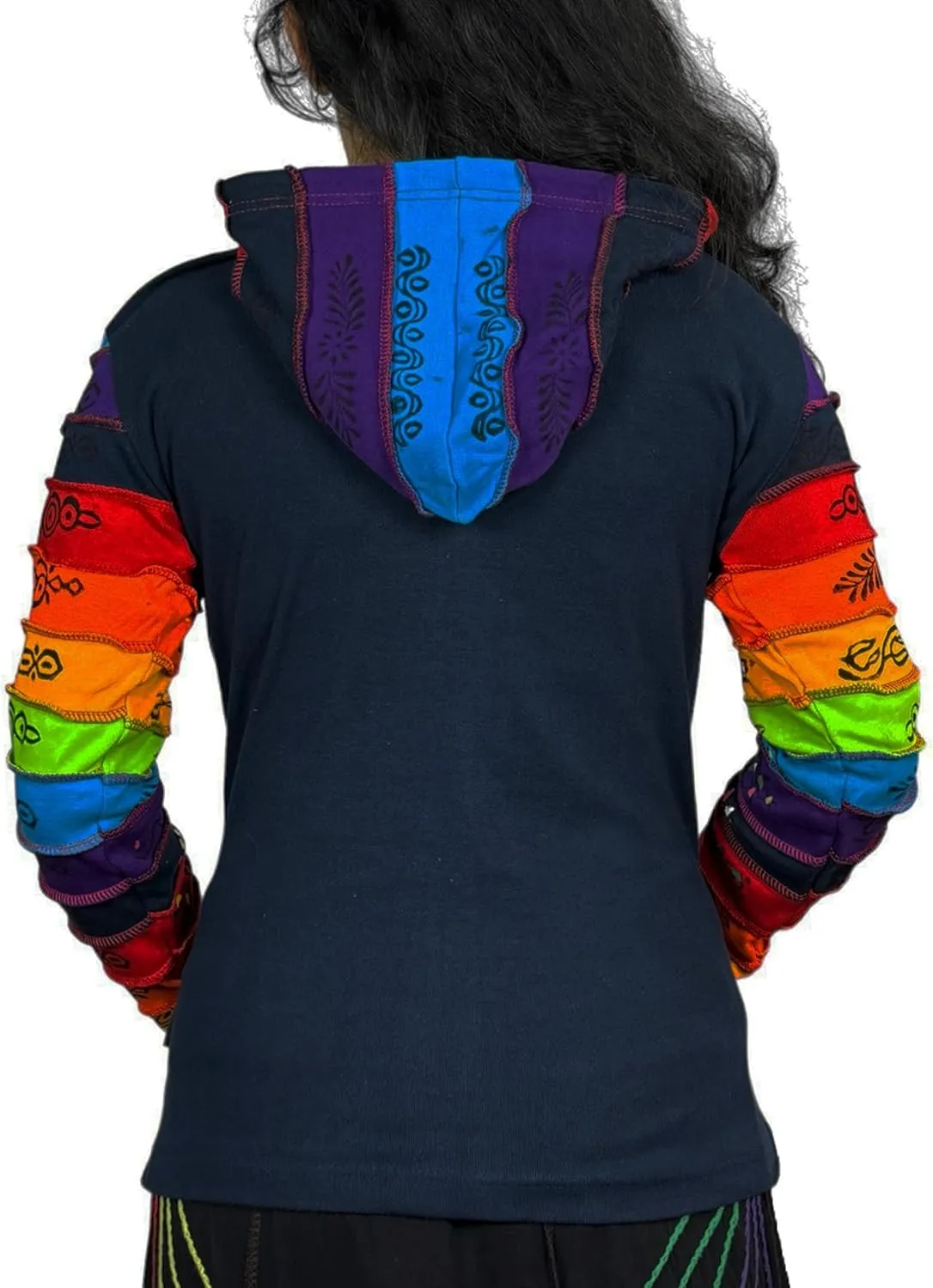 Agan Traders 2025 Summer Women's Zip-Up Hoodie Sweatshirt - Auspicious Symbols Multi-Colored Patched Light Jackets for Women