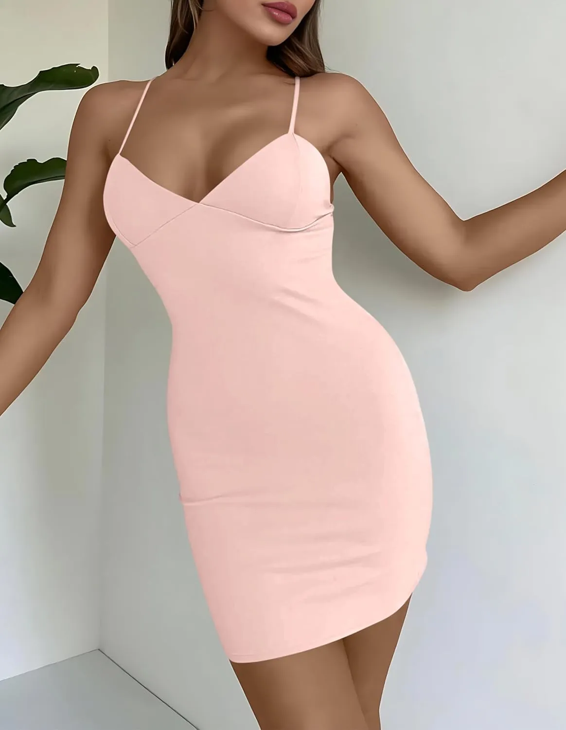 AISEW Womens Sexy V Neck Spaghetti Strap Bodycon Mini Dress Party Slip Short Dresses Beach Sundress with Built-in Bra