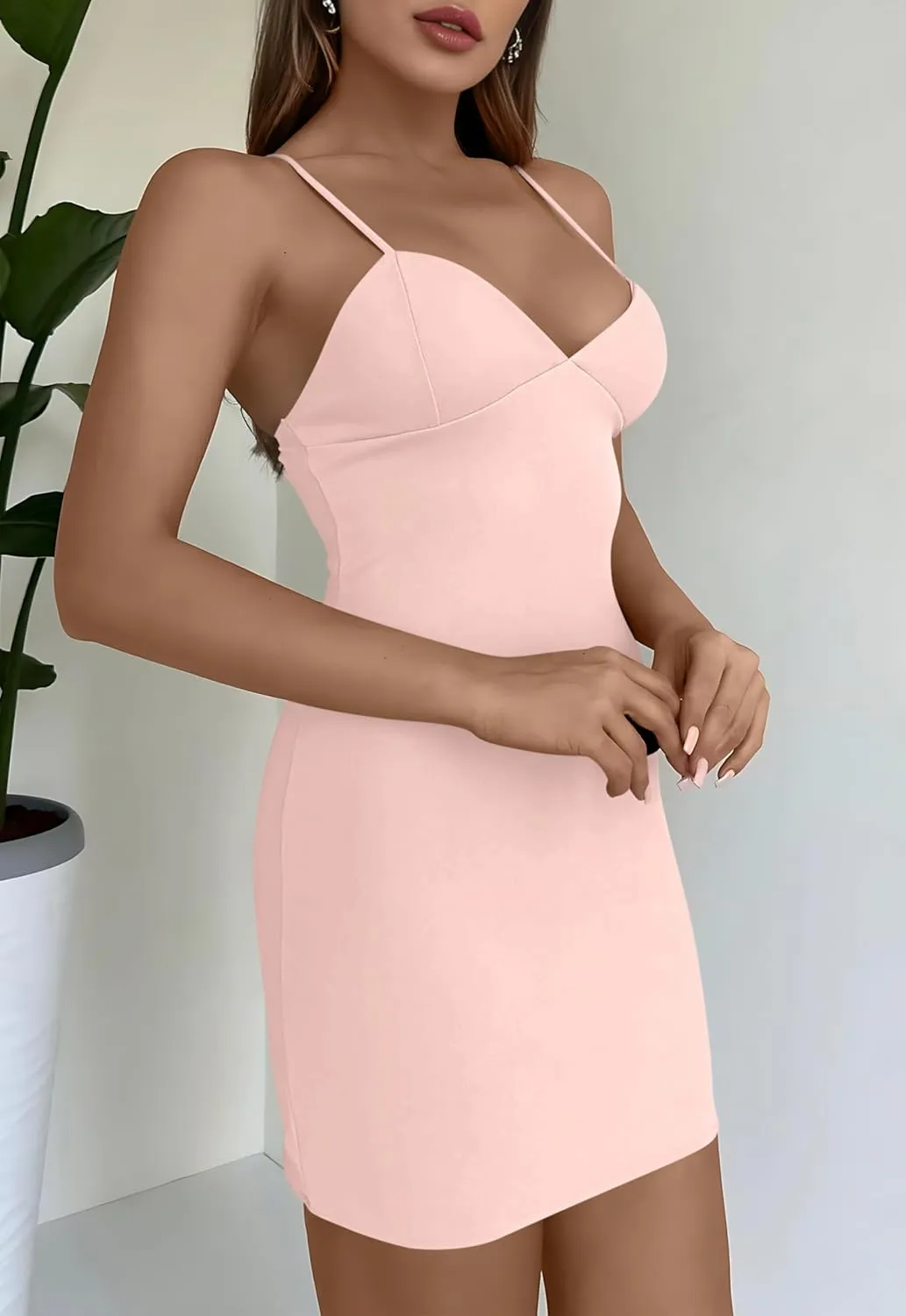 AISEW Womens Sexy V Neck Spaghetti Strap Bodycon Mini Dress Party Slip Short Dresses Beach Sundress with Built-in Bra