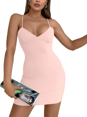 AISEW Womens Sexy V Neck Spaghetti Strap Bodycon Mini Dress Party Slip Short Dresses Beach Sundress with Built-in Bra
