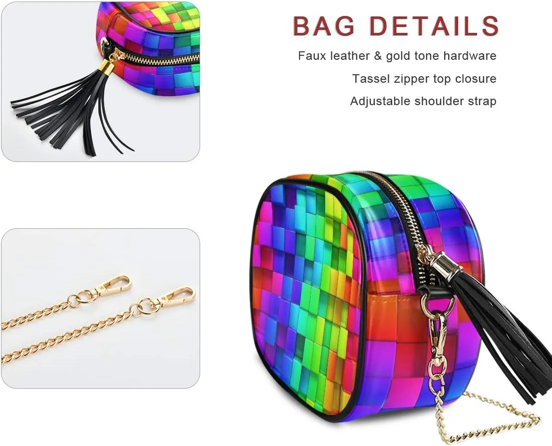 ALAZA Women's Rainbow of Colorful Boxes Cross Body Bag Chain Shoulder Handbag Purse with Tassel