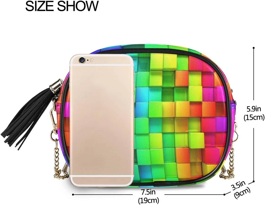 ALAZA Women's Rainbow of Colorful Boxes Cross Body Bag Chain Shoulder Handbag Purse with Tassel