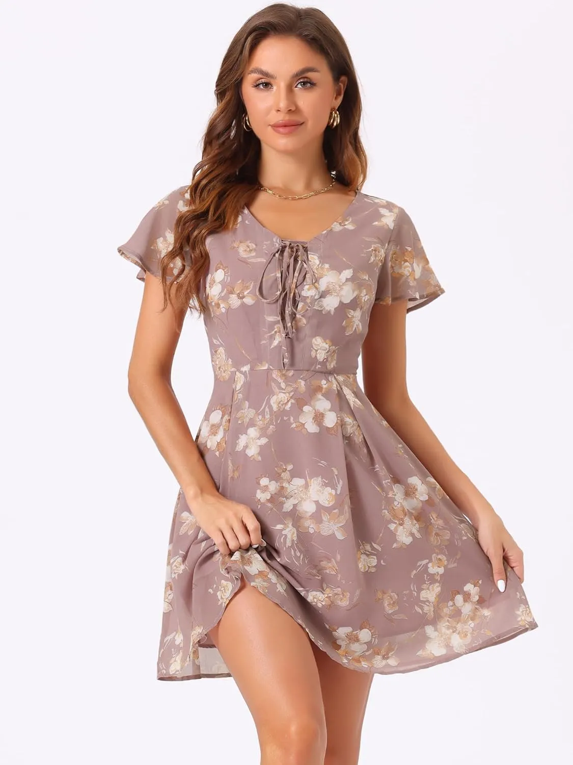 Allegra K Women's Floral Printed Spring Summer Flare Short Sleeve Lace-up V Neck Chiffon Dress