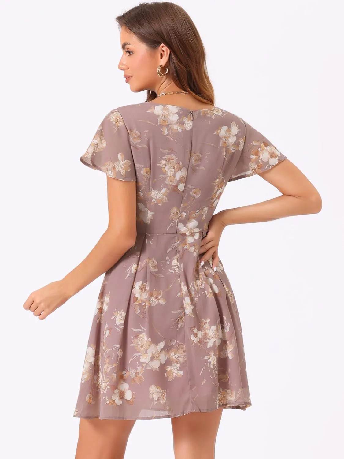 Allegra K Women's Floral Printed Spring Summer Flare Short Sleeve Lace-up V Neck Chiffon Dress