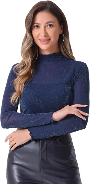 Allegra K Women's Mesh Sheer Party Top Shiny Slim Long Sleeve Mock Neck Blouse