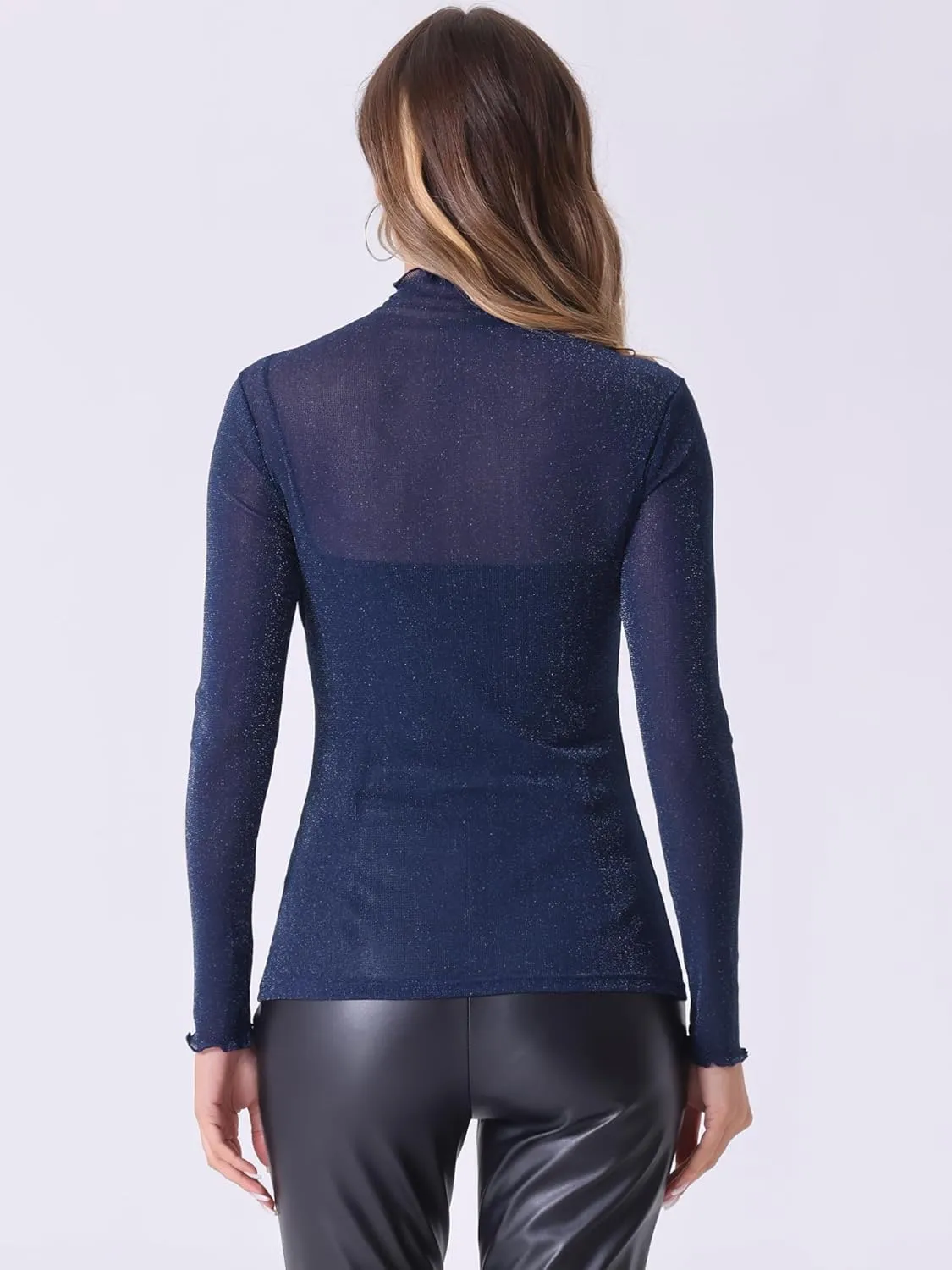 Allegra K Women's Mesh Sheer Party Top Shiny Slim Long Sleeve Mock Neck Blouse