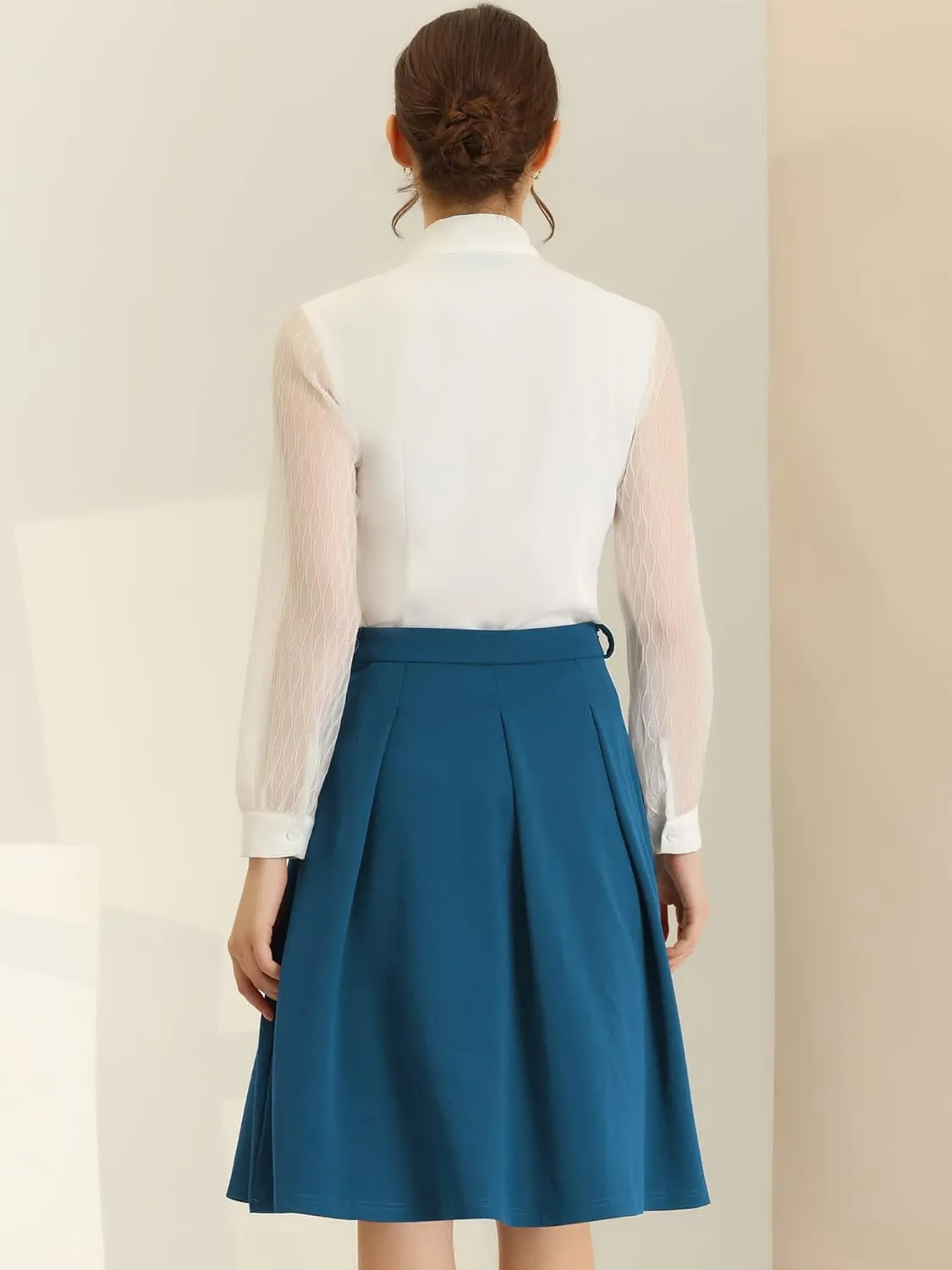 Allegra K Women's Office Work Skirts Belted Waist Midi A-Line Pleated Skirt