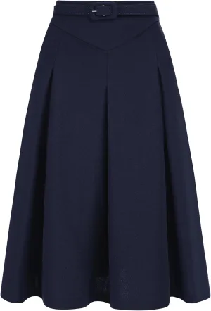 Allegra K Women's Office Work Skirts Belted Waist Midi A-Line Pleated Skirt