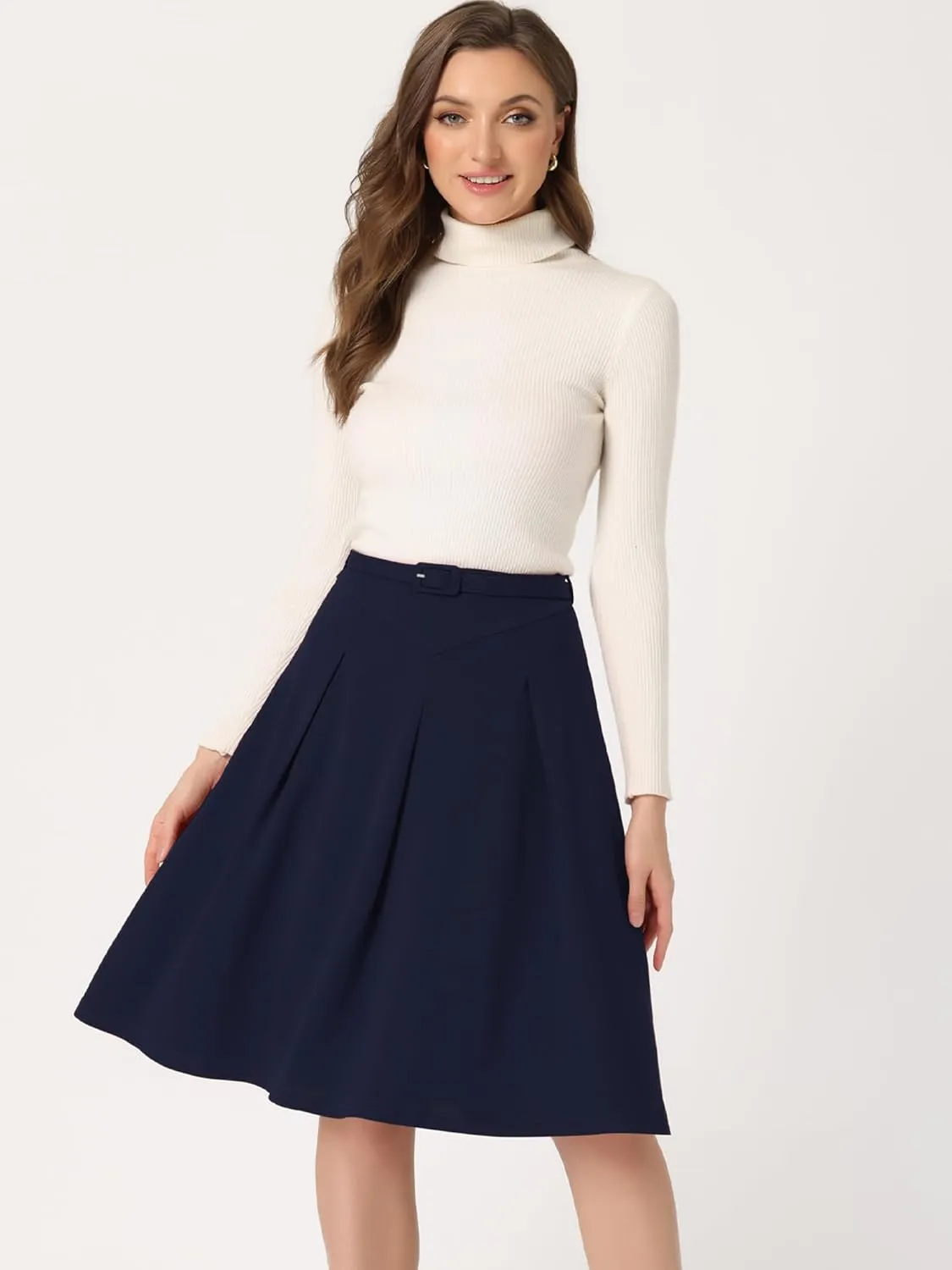 Allegra K Women's Office Work Skirts Belted Waist Midi A-Line Pleated Skirt