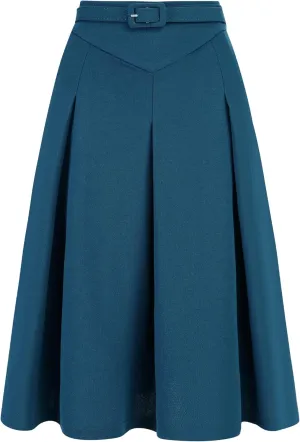 Allegra K Women's Office Work Skirts Belted Waist Midi A-Line Pleated Skirt