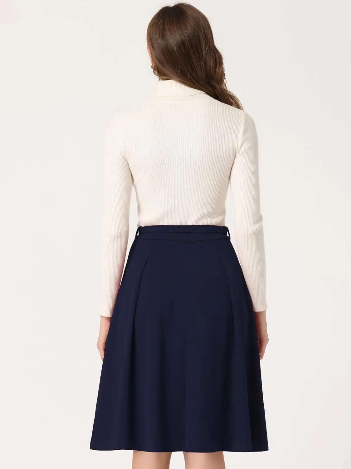 Allegra K Women's Office Work Skirts Belted Waist Midi A-Line Pleated Skirt