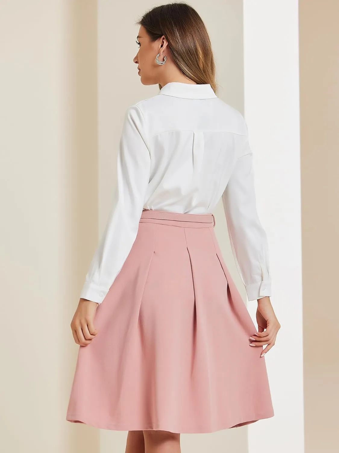 Allegra K Women's Office Work Skirts Belted Waist Midi A-Line Pleated Skirt