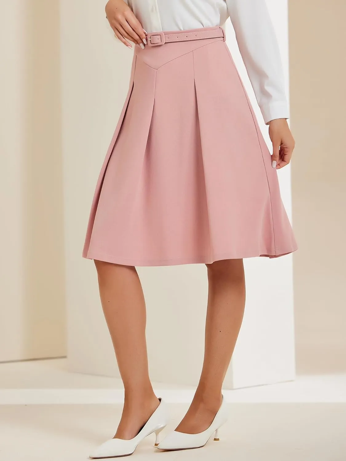 Allegra K Women's Office Work Skirts Belted Waist Midi A-Line Pleated Skirt