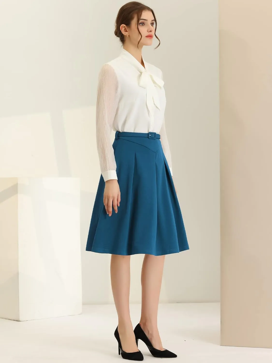 Allegra K Women's Office Work Skirts Belted Waist Midi A-Line Pleated Skirt