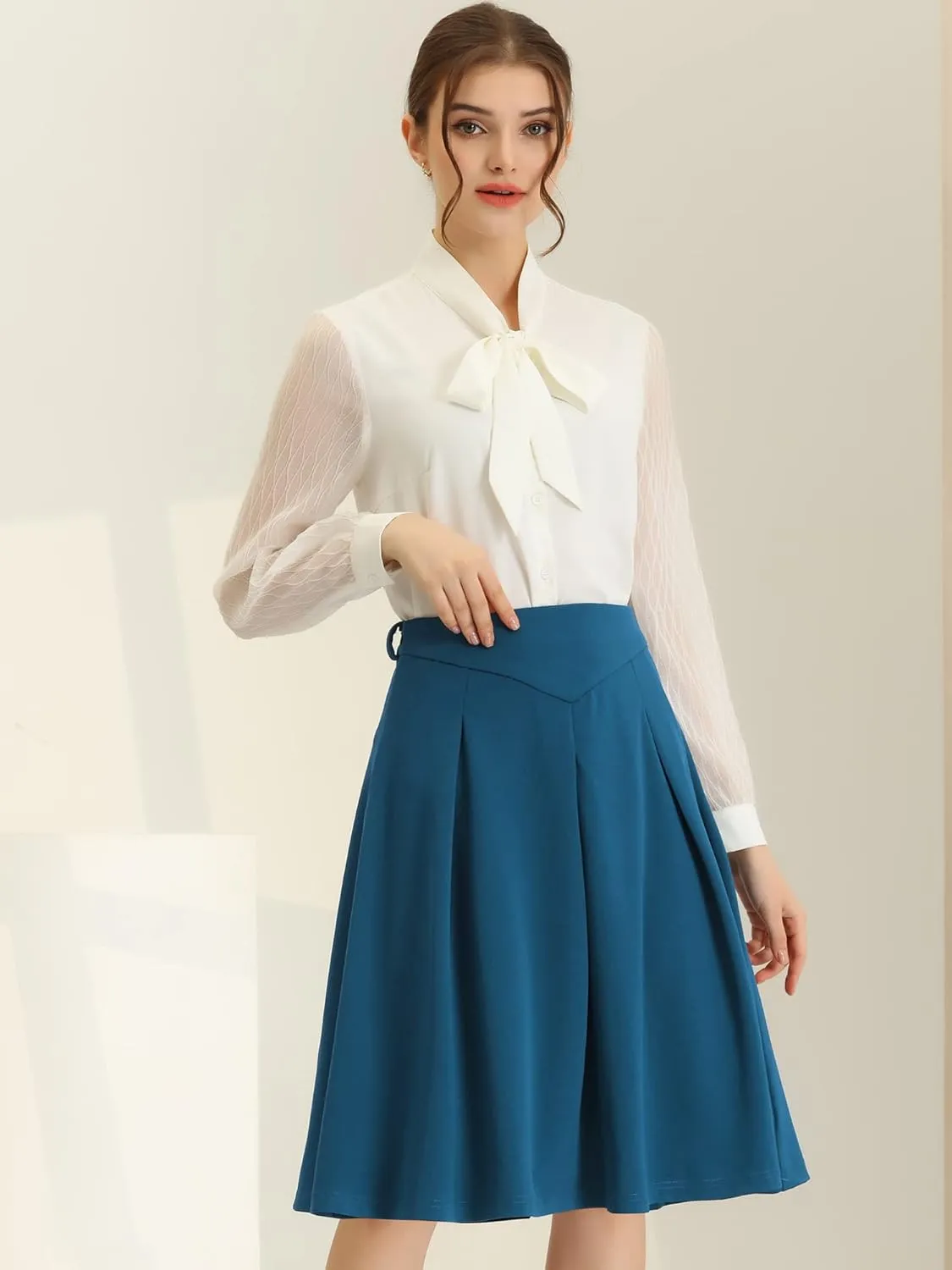 Allegra K Women's Office Work Skirts Belted Waist Midi A-Line Pleated Skirt