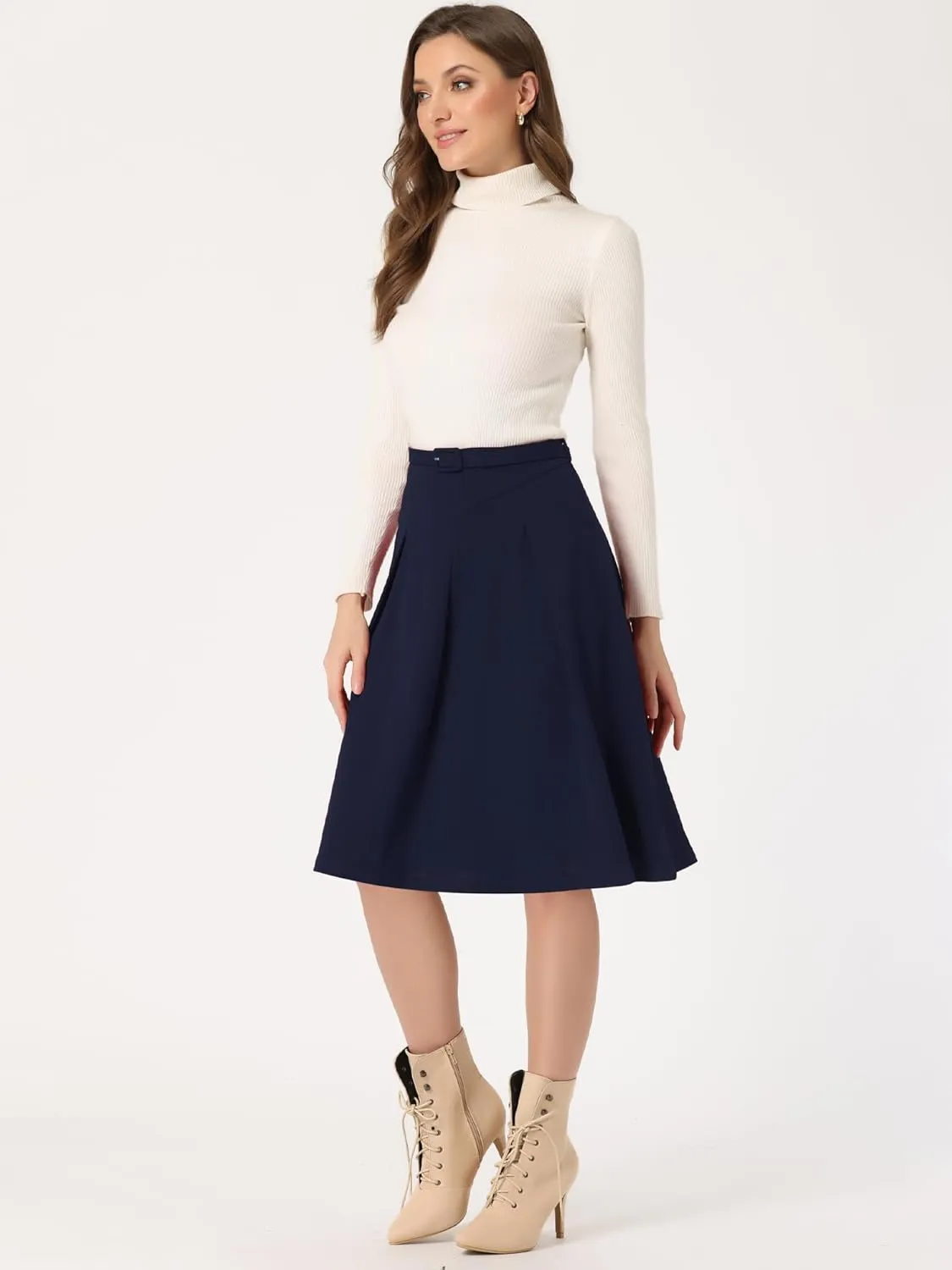 Allegra K Women's Office Work Skirts Belted Waist Midi A-Line Pleated Skirt