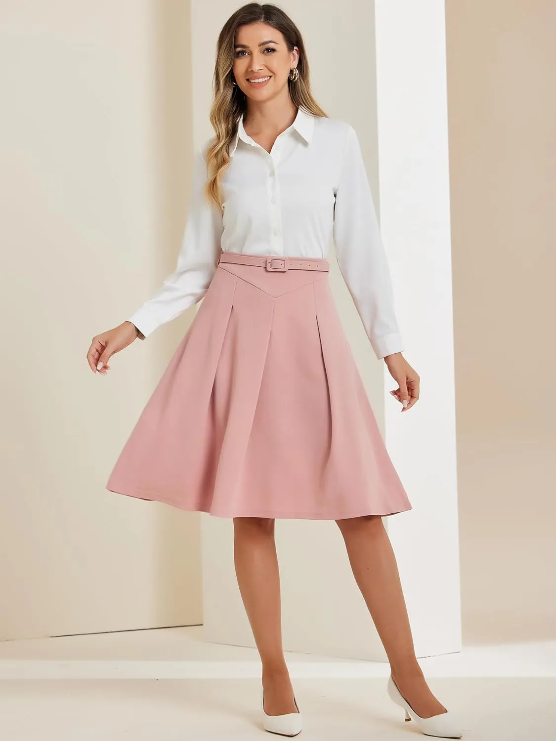 Allegra K Women's Office Work Skirts Belted Waist Midi A-Line Pleated Skirt