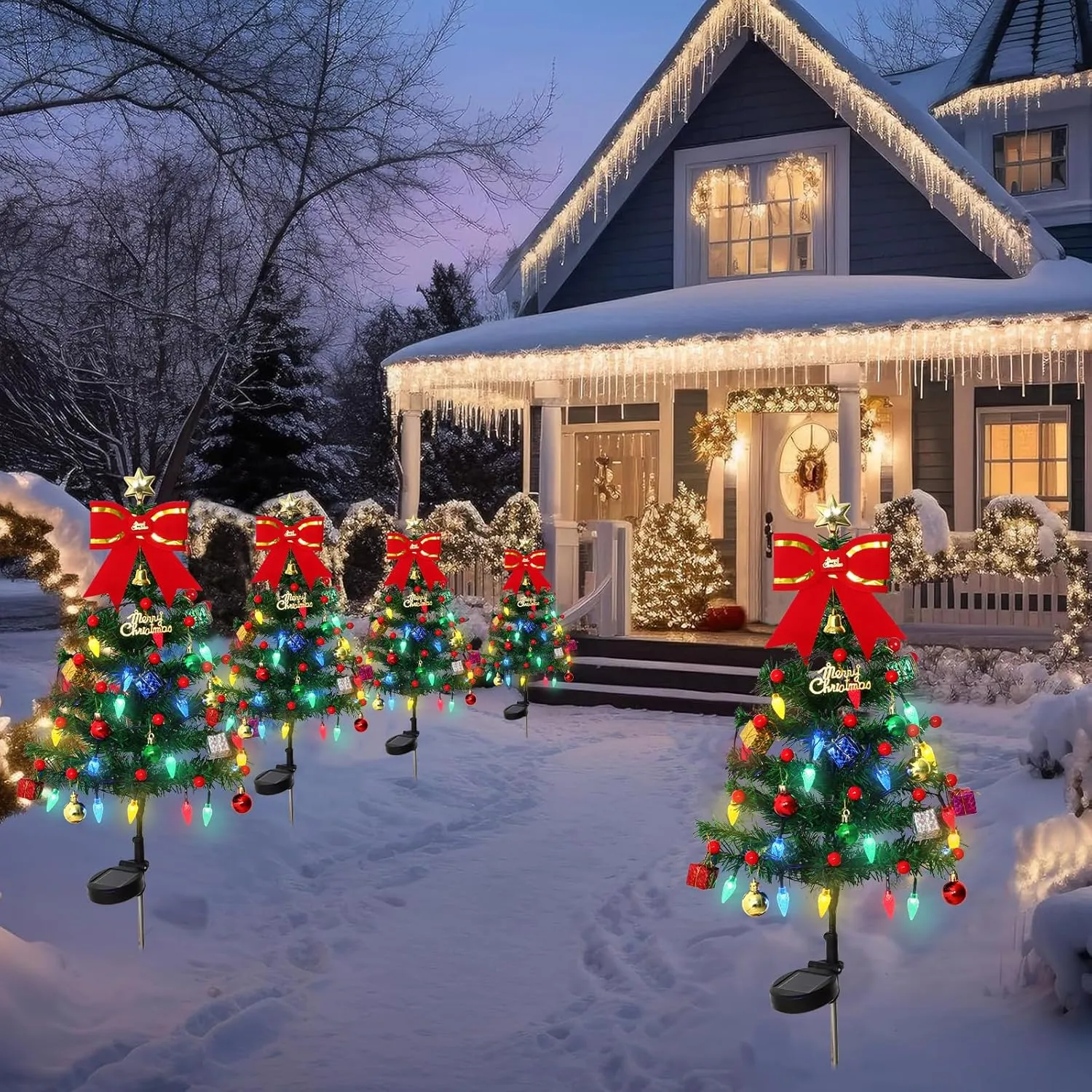 Alynsehom 4 Pack Solar Christmas Tree，33.5in Outdoor Waterproof Solar Xmas Trees with 80 LED Lights 2 Flashing Modes Holiday Decor for Porch Yard Garden Patio Cemetery Pathway