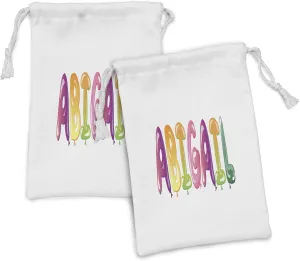 Ambesonne Abigail Fabric Pouch Set of 2, Colorful Feminine Name Alphabet with Historical Roots Cartoon Lettering, Small Drawstring Bag for Toiletries Masks and Favors, 9" x 6", Multicolor