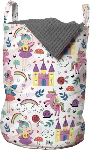 Ambesonne Cartoon Laundry Bag, Colorful Illustration with Characters Unicorn Chateau on Plain Background, Hamper Basket with Handles Drawstring Closure for Laundromats, 13" x 19", Multicolor