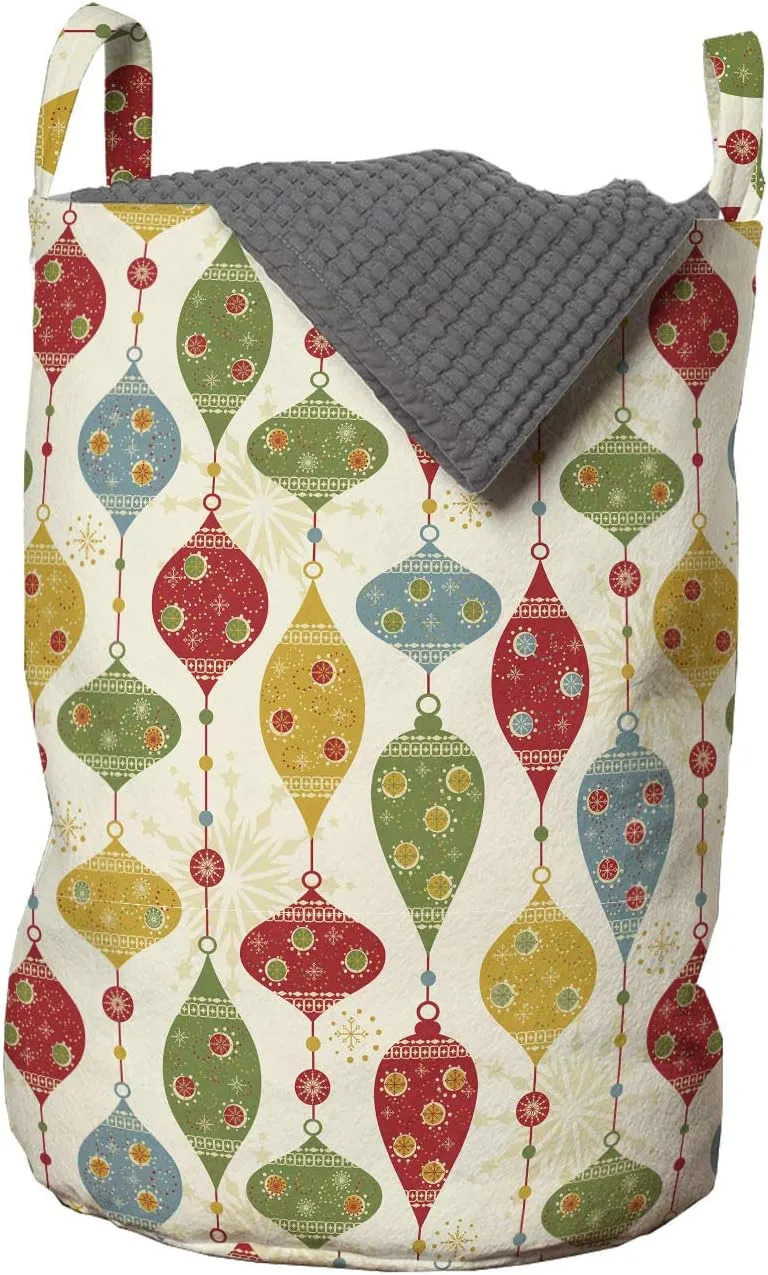 Ambesonne Christmas Laundry Bag, Ornamental New Year's Eve Party Elements as Colorful Balls with Snowflake Print, Hamper Basket with Handles Drawstring Closure for Laundromats, 13" x 19", Multicolor