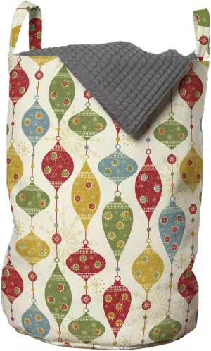 Ambesonne Christmas Laundry Bag, Ornamental New Year's Eve Party Elements as Colorful Balls with Snowflake Print, Hamper Basket with Handles Drawstring Closure for Laundromats, 13" x 19", Multicolor