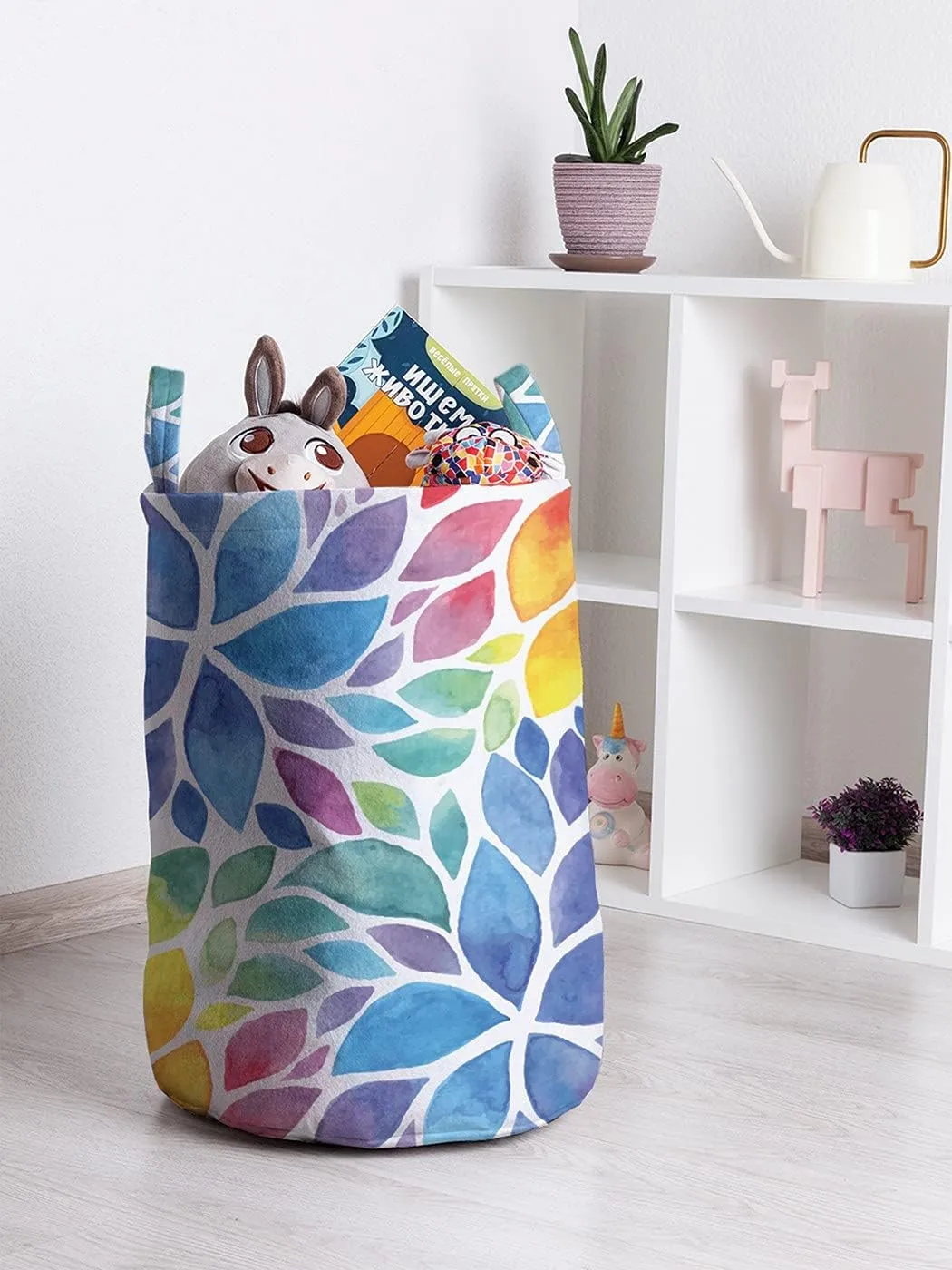 Ambesonne Colorful Laundry Bag, Blossoming Nature Rainbow Colored Foliage in Watercolor Style Spring Illustration, Hamper Basket with Handle Drawstring Closure for Laundromats, 13" x 19", Blue