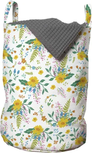 Ambesonne Floral Laundry Bag, Rhythmic Colorful Flowers Yellow Petals Pattern, Hamper Basket with Handles Drawstring Closure for Laundromats, 13" x 19", White Multicolor