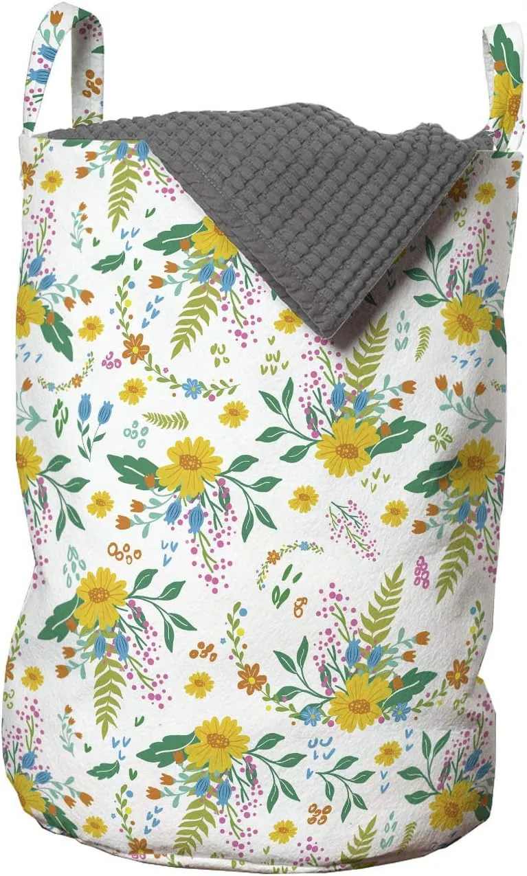 Ambesonne Floral Laundry Bag, Rhythmic Colorful Flowers Yellow Petals Pattern, Hamper Basket with Handles Drawstring Closure for Laundromats, 13" x 19", White Multicolor
