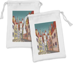 Ambesonne Travel Fabric Pouch Set of 2, Colorful Pattern of Historic European Medieval Urban City with Houses and Alley, Small Drawstring Bag for Toiletries Masks and Favors, 9" x 6", Teal Multicolor