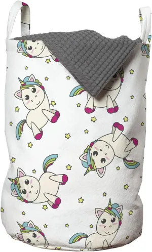 Ambesonne Unicorn Laundry Bag, Colorful Mythical Animals in Cartoon Style Rainbow Mane on Star Filled Background, Hamper Basket with Handles Drawstring Closure for Laundromats, 13" x 19", Multicolor