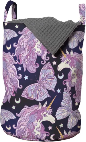 Ambesonne Unicorn Laundry Bag, Mythical Animal with Colorful Mane Butterflies Stars Crescent Moons Fantasy World, Hamper Basket with Handles Drawstring Closure for Laundromats, 13" x 19", Multicolor