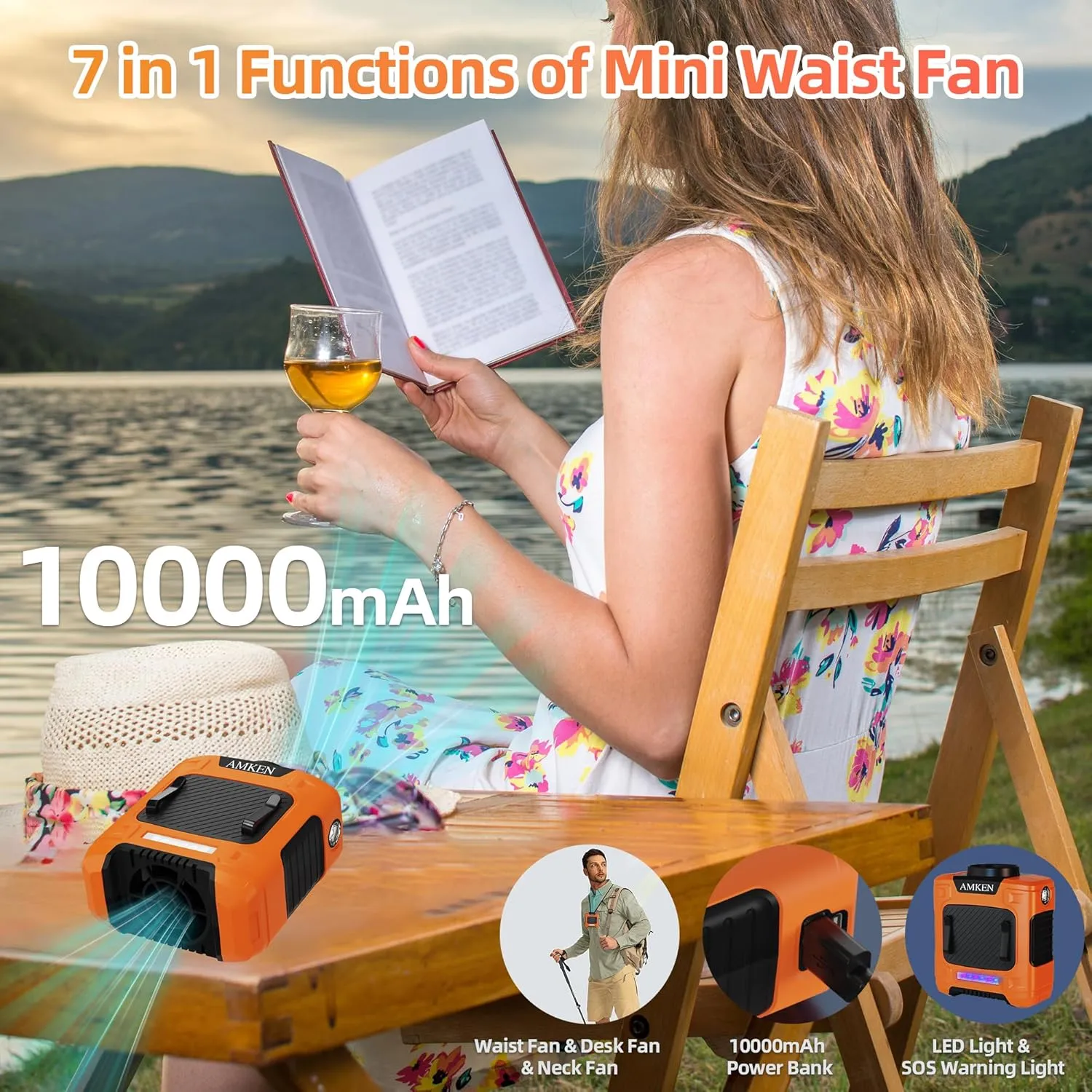 AMKEN Waist Fan - 3-Speed Clip-On Belt Fan, 16000RPM Strong Airflow, 24H Rechargeable Battery (10000mAh), LED SOS & Red-blue Light - Portable Cooling for Jobsite, Camping, Fishing, Outdoor