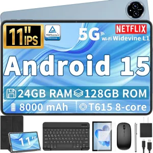 Android 15 Tablet, 11 inch Tablet with Keyboard, 24GB 128GB, 1TB Expand, Octa-Core, 2.4G/5G WiFi, 8000mAh, BT V5.0, GMS Certified, IPS Touch Screen, GPS, 2 in 1 with Case, Mouse, Stylus(Black)