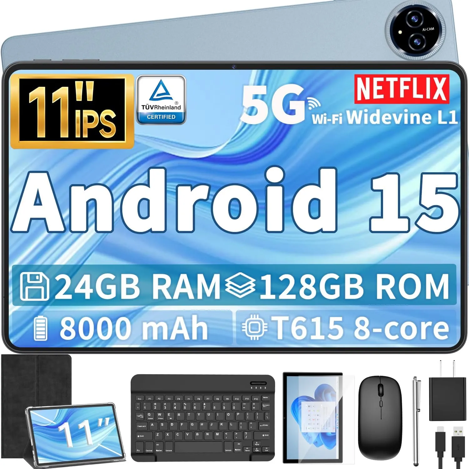 Android 15 Tablet, 11 inch Tablet with Keyboard, 24GB 128GB, 1TB Expand, Octa-Core, 2.4G/5G WiFi, 8000mAh, BT V5.0, GMS Certified, IPS Touch Screen, GPS, 2 in 1 with Case, Mouse, Stylus(Black)