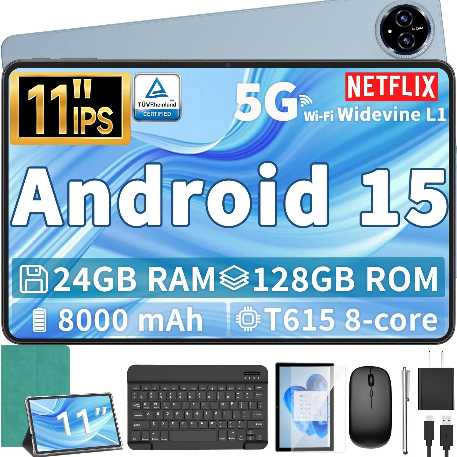 Android 15 Tablet, 11 inch Tablet with Keyboard, 24GB 128GB, 1TB Expand, Octa-Core, 2.4G/5G WiFi, 8000mAh, BT V5.0, GMS Certified, IPS Touch Screen, GPS, 2 in 1 with Case, Mouse, Stylus(Green)