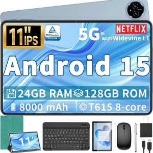 Android 15 Tablet, 11 inch Tablet with Keyboard, 24GB 128GB, 1TB Expand, Octa-Core, 2.4G/5G WiFi, 8000mAh, BT V5.0, GMS Certified, IPS Touch Screen, GPS, 2 in 1 with Case, Mouse, Stylus(Green)