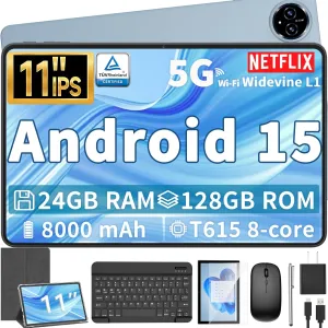 Android 15 Tablet, 11 inch Tablet with Keyboard, 24GB 128GB, 1TB Expand, Octa-Core, 2.4G/5G WiFi, 8000mAh, BT V5.0, GMS Certified, IPS Touch Screen, GPS, 2 in 1 with Case, Mouse, Stylus(Silver)