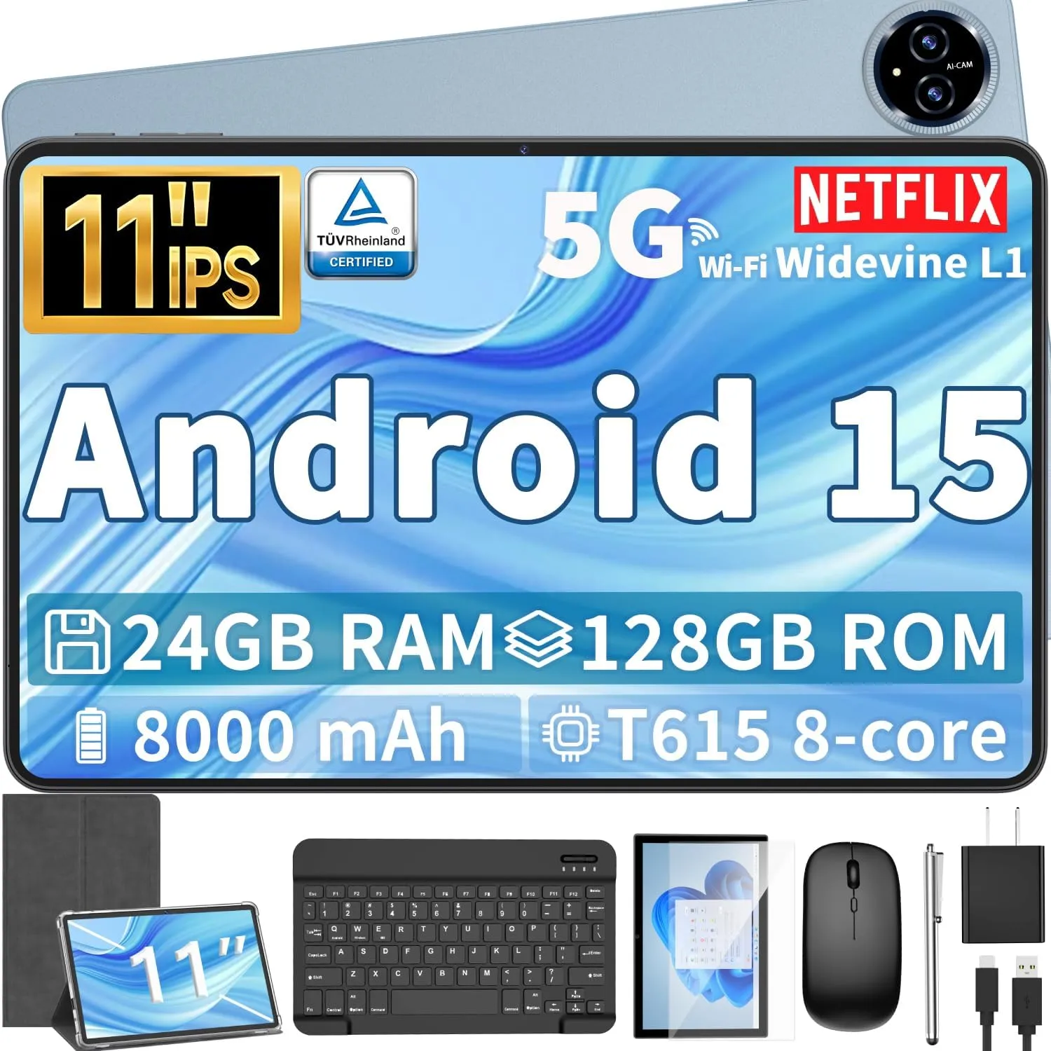 Android 15 Tablet, 11 inch Tablet with Keyboard, 24GB 128GB, 1TB Expand, Octa-Core, 2.4G/5G WiFi, 8000mAh, BT V5.0, GMS Certified, IPS Touch Screen, GPS, 2 in 1 with Case, Mouse, Stylus(Silver)