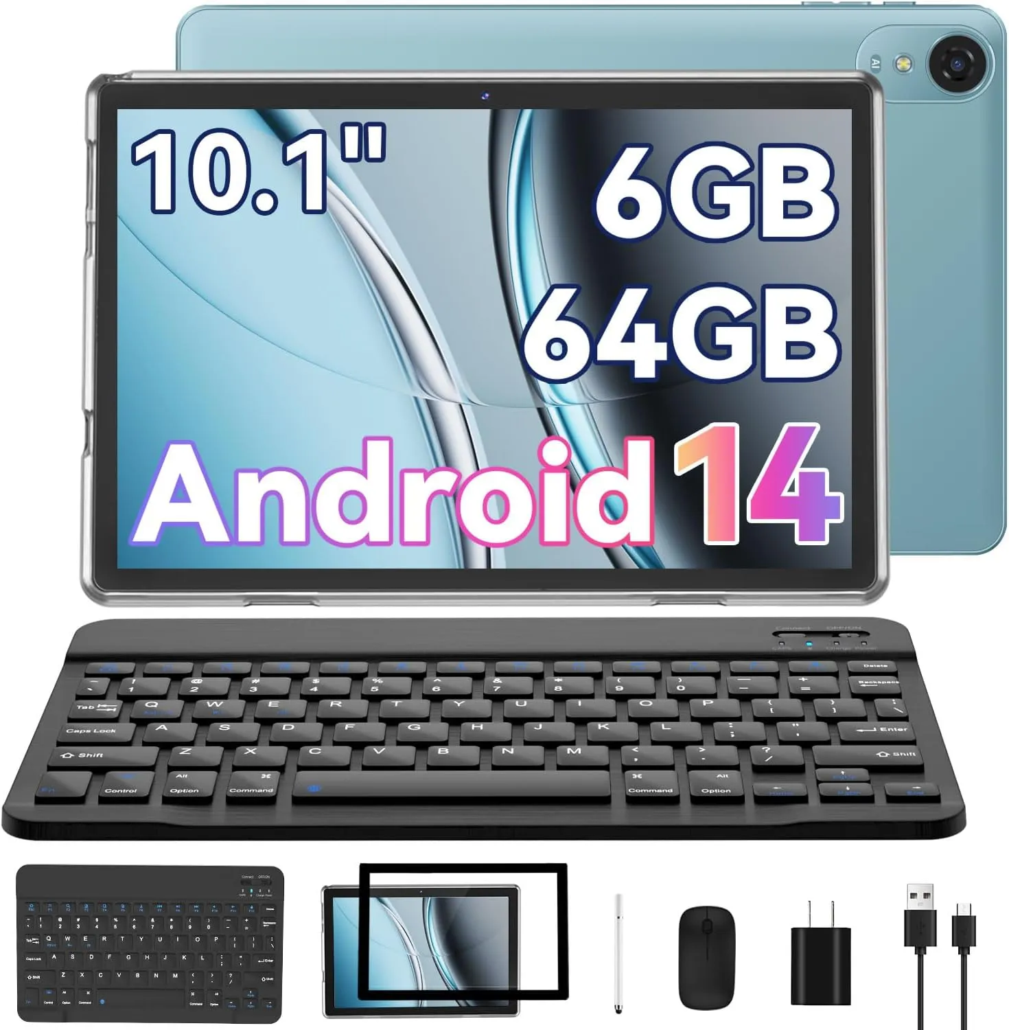 Android Tablet, 10.1 inch Android 14 Tablet 6GB 64GB 1TB Expand, 2 in 1 Tablets with Keyboard, Case, Mouse, Stylus, 1280x800 IPS Touch Screen, 2.0GHz Quad-Core, WiFi, Bluetooth5.0, Dual Camera (Blue)
