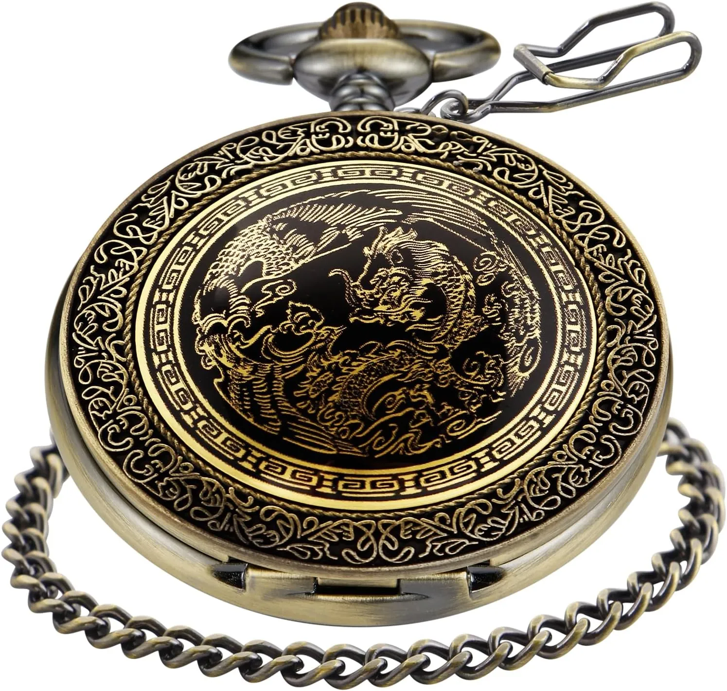 Animal Patch Pocket Watch, Carved Animal Design Patch Pocket Watch for Men, Men's Pocket Watch with Waist Chain