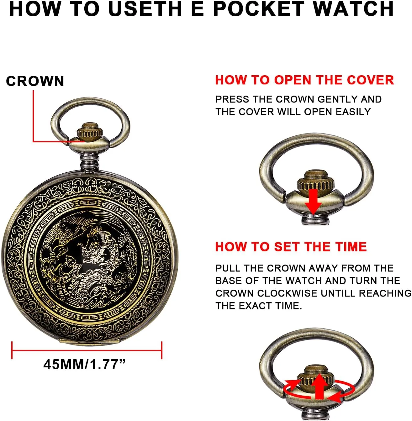 Animal Patch Pocket Watch, Carved Animal Design Patch Pocket Watch for Men, Men's Pocket Watch with Waist Chain