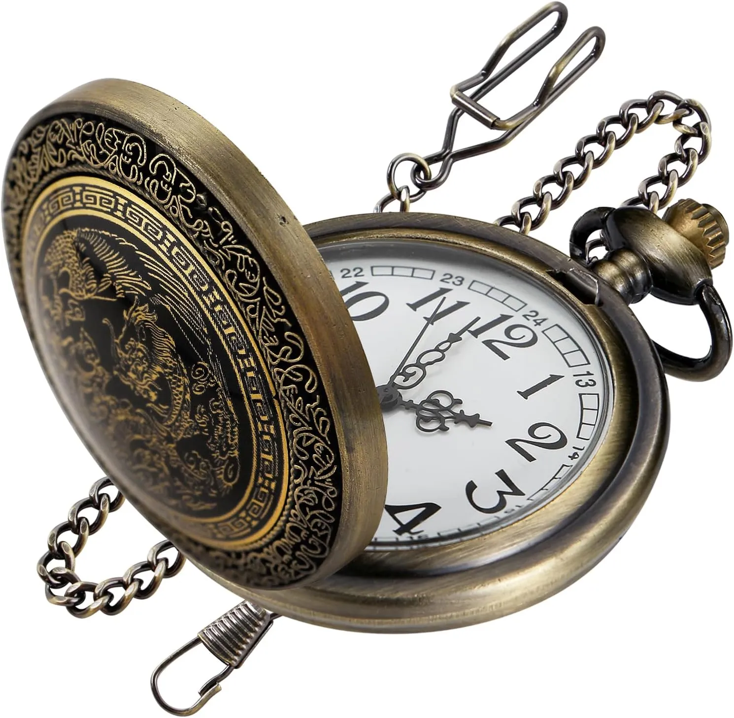 Animal Patch Pocket Watch, Carved Animal Design Patch Pocket Watch for Men, Men's Pocket Watch with Waist Chain