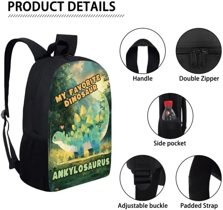 Ankylosaurus Forest Sunrise Backpack for Boys with Cute Dinosaur Hand Drawing Lunch Box Set Elementary Kids Bookbag with Lunch Bag/Rucksack Primary School Kids Pencil Box