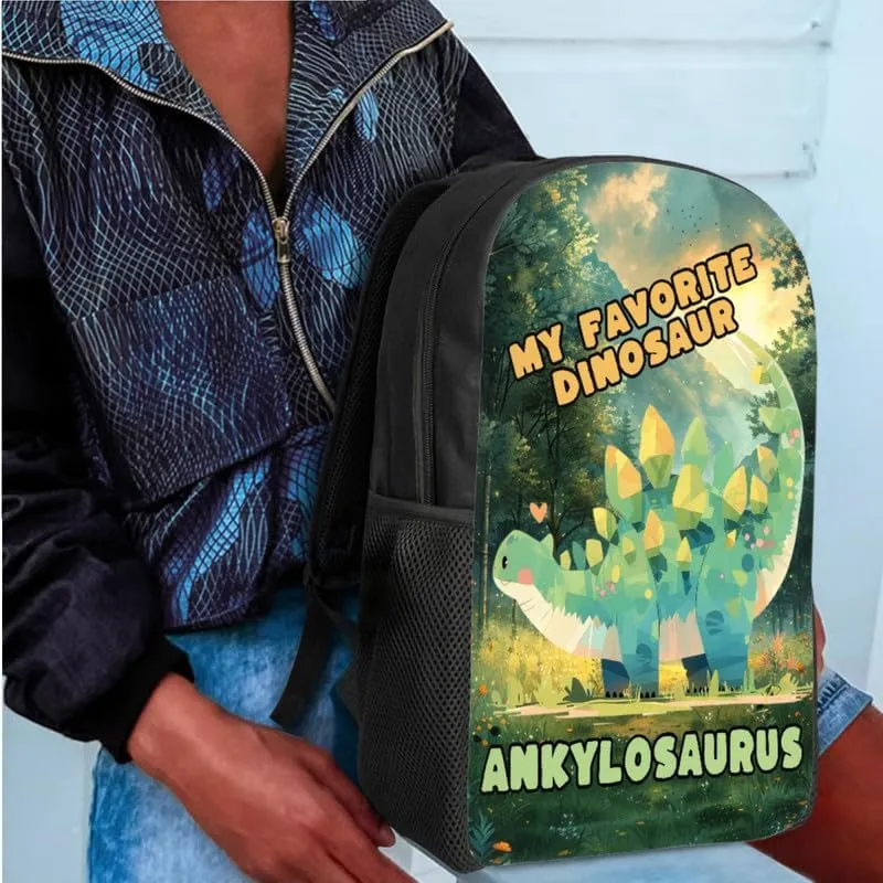 Ankylosaurus Forest Sunrise Backpack for Boys with Cute Dinosaur Hand Drawing Lunch Box Set Elementary Kids Bookbag with Lunch Bag/Rucksack Primary School Kids Pencil Box