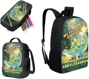 Ankylosaurus Forest Sunrise Backpack for Boys with Cute Dinosaur Hand Drawing Lunch Box Set Elementary Kids Bookbag with Lunch Bag/Rucksack Primary School Kids Pencil Box