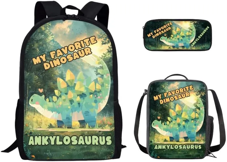 Ankylosaurus Forest Sunrise Backpack for Boys with Cute Dinosaur Hand Drawing Lunch Box Set Elementary Kids Bookbag with Lunch Bag/Rucksack Primary School Kids Pencil Box