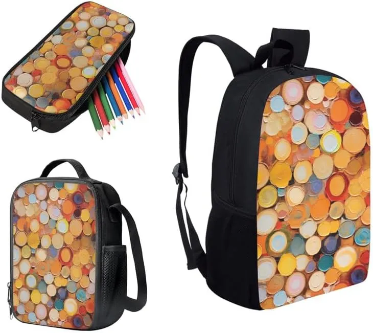Annual Ring Circular Gradient Backpack and Lunch Bag Kids School Bag Geometric Rhombic Hand Drawing Pack and Pencil Case for Teens Students Boys Girls School Sport Travel