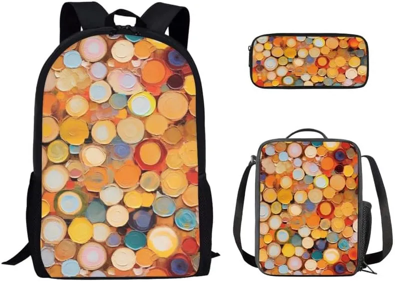 Annual Ring Circular Gradient Backpack and Lunch Bag Kids School Bag Geometric Rhombic Hand Drawing Pack and Pencil Case for Teens Students Boys Girls School Sport Travel
