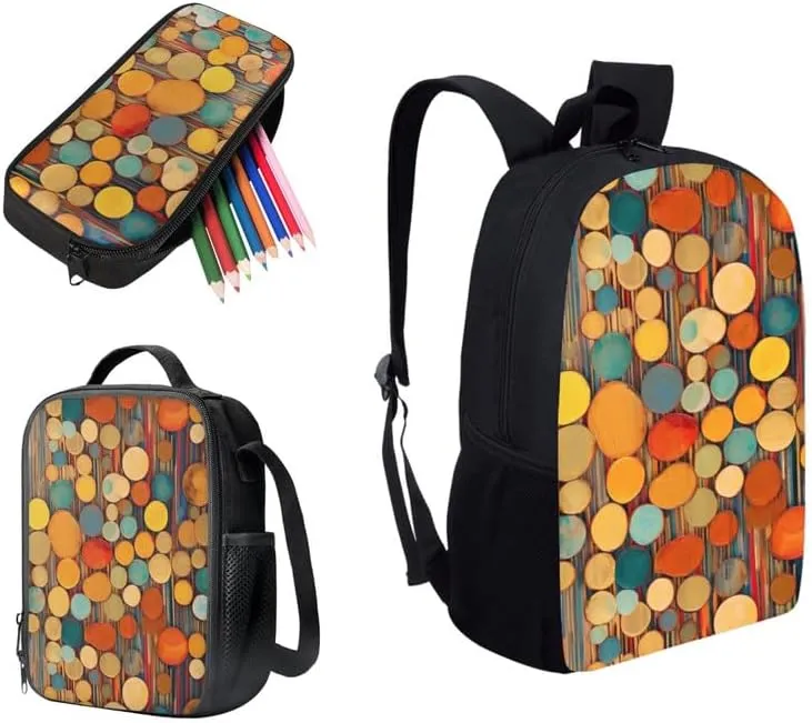 Annual Ring Circular School Backpack Boys Girls Kids School Bookbag Set with Abstract Artwork Lunch Box and Pencil Case for Kids Boys Girls Back to School Gifts